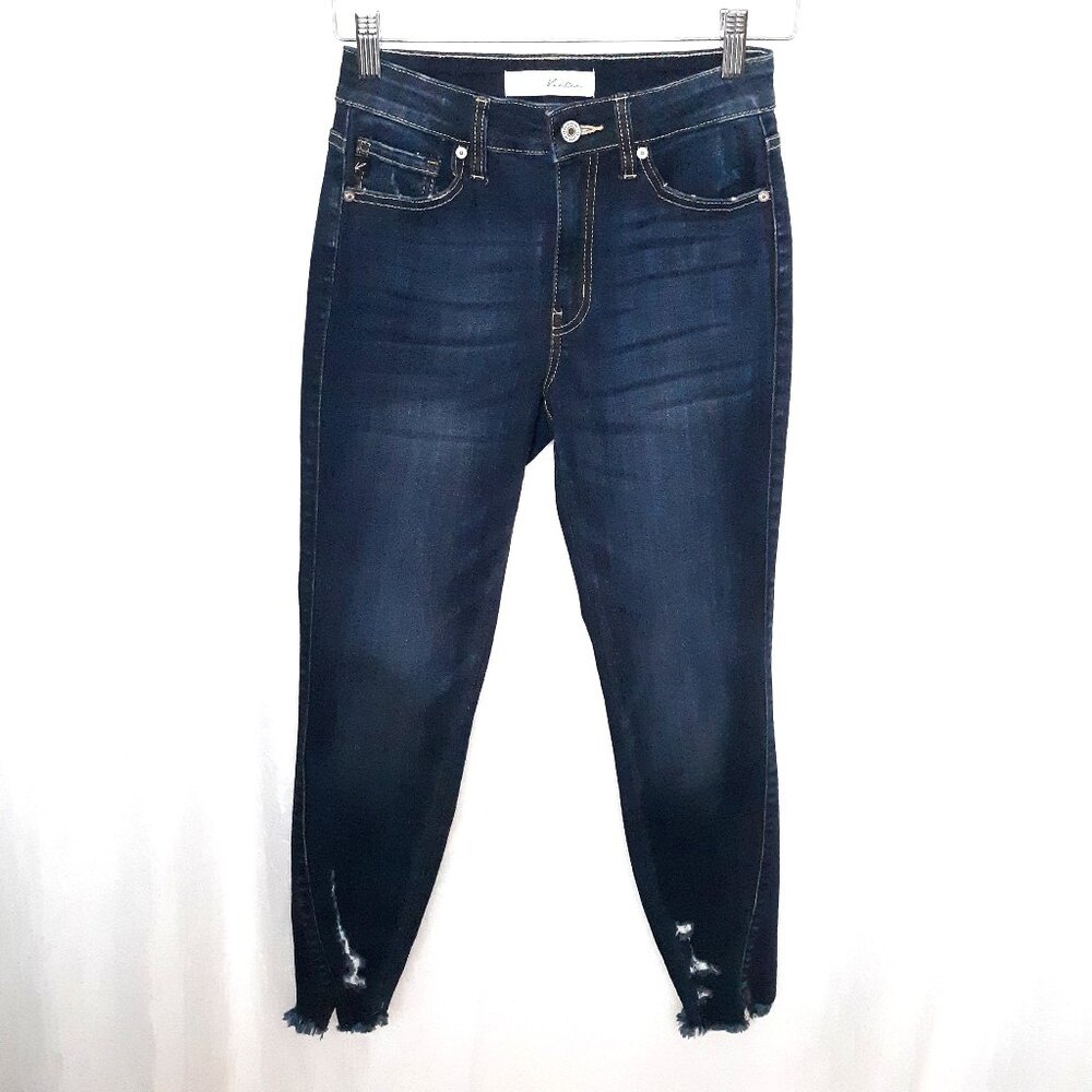 Kancan Dyana - Women's Mid Rise Distressed Frayed Hem Ankle Skinny Jeans